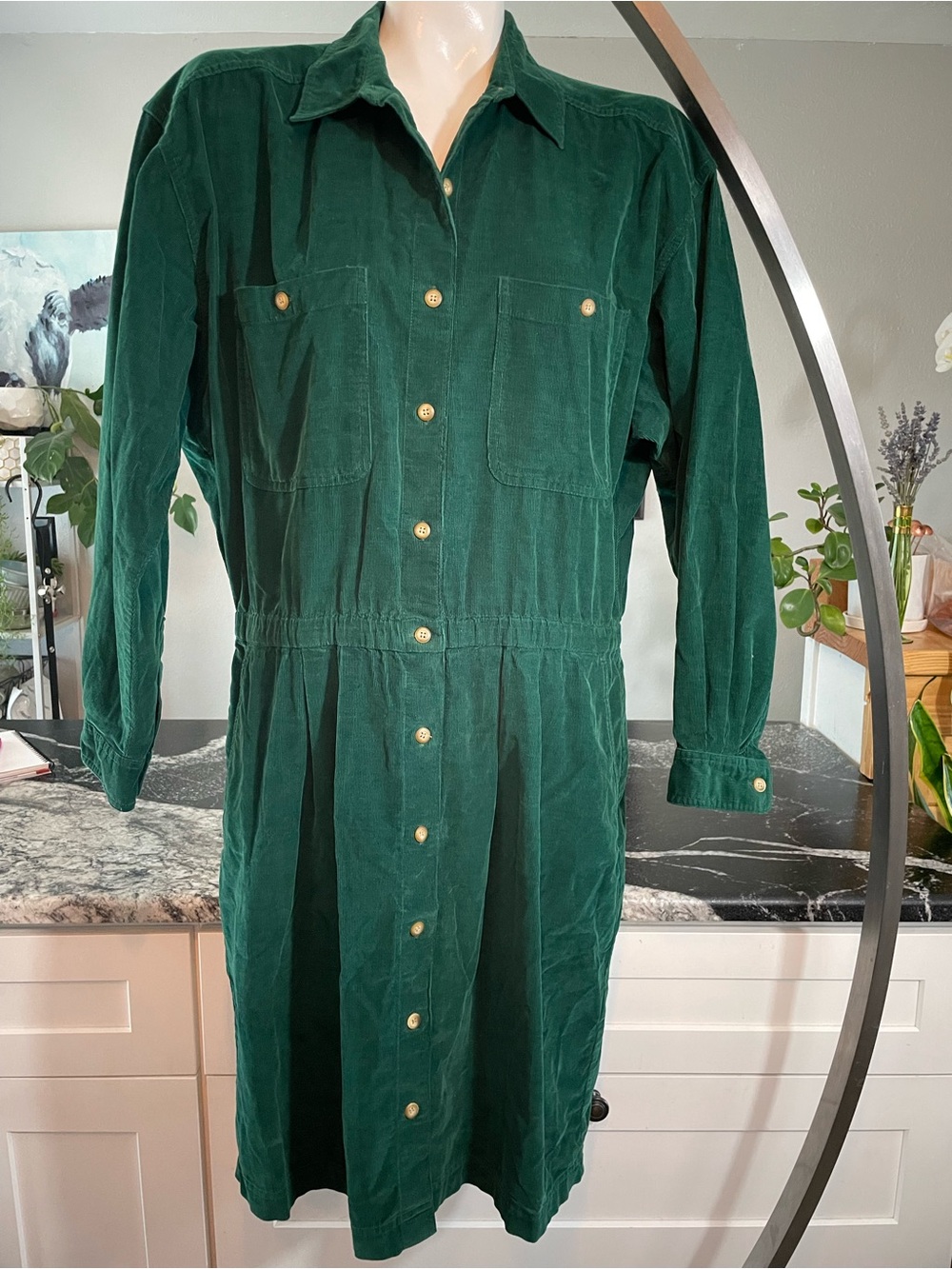 Eddie Bauer Deep Green Button-Front Corduroy Midi Dress
